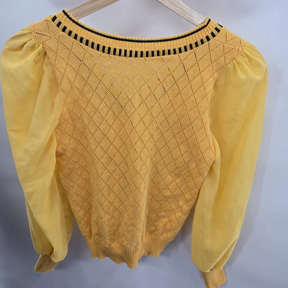 Yellow Sheer Sleeve Knit V-Neck Lightweight Cardigan Blouse Size Small